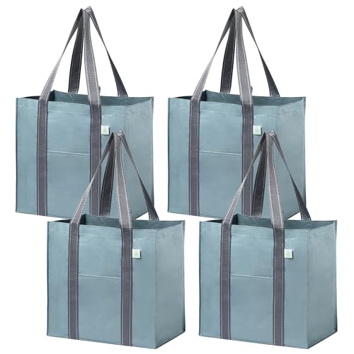 VENO 4 Pack Large Grocery Bag Reusable Shopping Bags with Hard Bottom - color: Light Blue