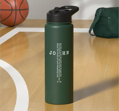 John 3:16 Bible Verse Christian Cross Front, Back Print Stainless Steel Insulated Water Bottle - color: Dark Green