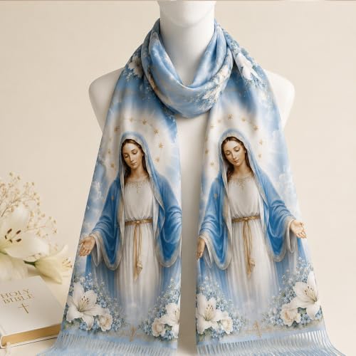 The Virgin Mary Bible Verse Shawls for Women, Catholic Christian Blanket Scarf Gifts or Mom Teacher Christmas - color: Light Blue