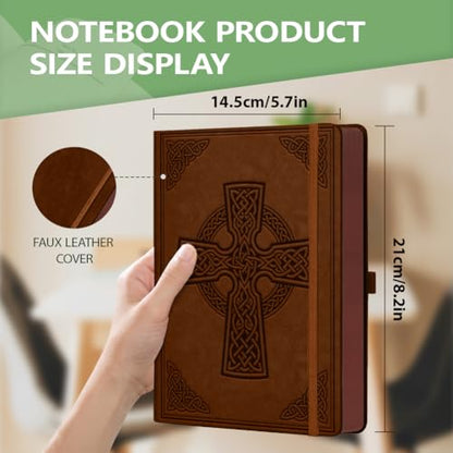 A5 Debossed Cross Leather Journal, 300 Pages Lined Notebook, Brown Vintage Pattern Hardcover Notebook for Travel Diary, Business, Work and School Daily Writing - style: Cross