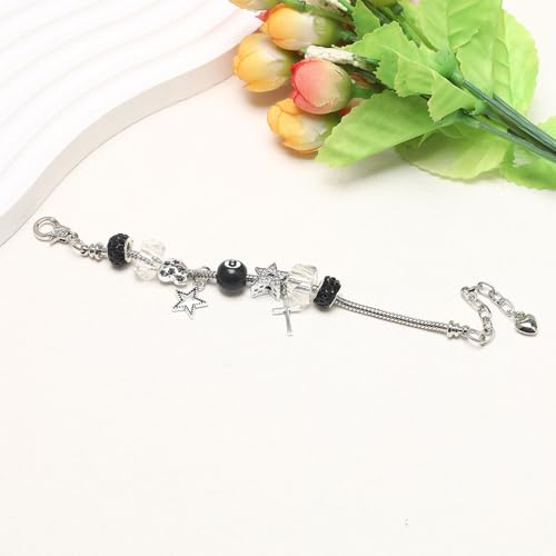 Y2k Charm Bracelet for Women Star Cross 8 Ball Leopard Beaded Bracelet - color: silver