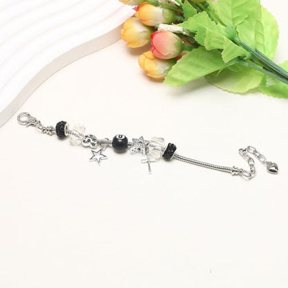 Y2k Charm Bracelet for Women Star Cross 8 Ball Leopard Beaded Bracelet - color: silver