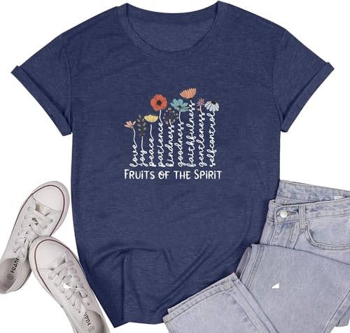 Women's Christian Shirt Fruit of The Holy Spirit Flower T-Shirt Inspirational Bible Text Top - color: Z-q6013-blue, size: Medium