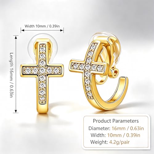 FAN&LOUIS 24K Gold Plated Cross Clip On Earrings for Women, Small Hoop Huggie Trendy Hypoallergenic Lightweight Cross Hoop Clip-On Earrings for Non-Pierced Ears