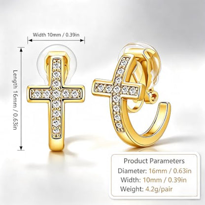 FAN&LOUIS 24K Gold Plated Cross Clip On Earrings for Women, Small Hoop Huggie Trendy Hypoallergenic Lightweight Cross Hoop Clip-On Earrings for Non-Pierced Ears