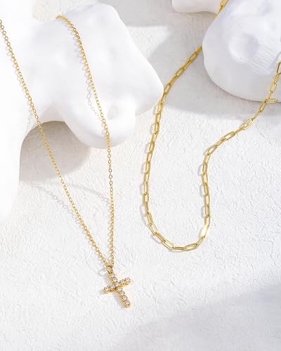 CONRAN KREMIX Waterproof Gold Layered Cross Necklace for Women Non Tarnish,14k Gold Plated Stainless Steel Dainty Cross Necklace Stack Necklaces Set for Women Christian Gifts Jewelry - color: Gold-Cross03