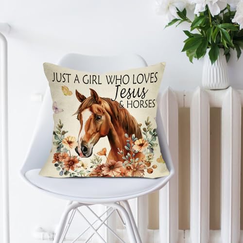 Just a Girl Who Loves Jesus and Horses Throw Pillow Cover 18 x 18