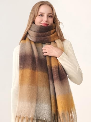 HOTIAN Women's Large Scarf Colorful Chunky Plaid Scarves Soft Winter Thick Tassel Warm Wrap Shawl - color: Yellow Curry (Gentleman)