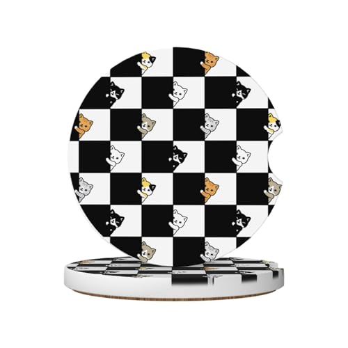 Black And White Checkered Cat Car Coasters For Cup Holders,2 Pack Car Cup Holder Coasters For Car,Ceramic Absorbent Car Coaster With A Finger Notch And Cork Base,Car Interior Accessories For Women Men - color: Black and White Checkered Cat