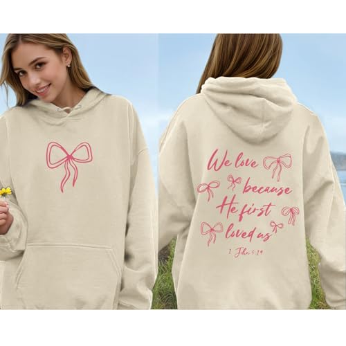 Christian Bow Hoodies for Women Cute Bow Print Sweatshirt Bible Verse Graphic Hoodie Religious Pullover Sweatshirts - color: Apricot, size: X-Large