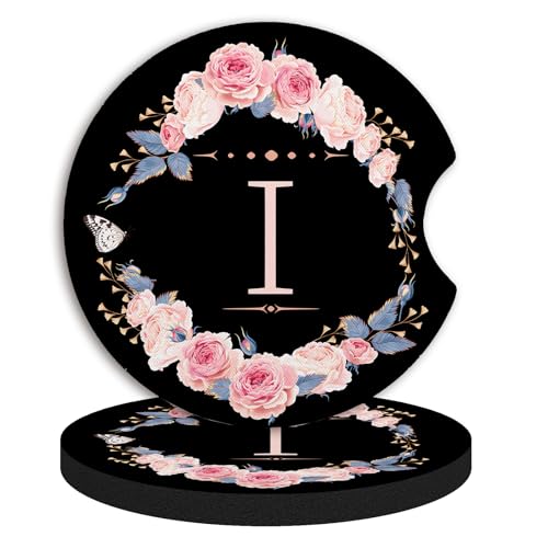 2pcs Letter I Car Coasters,Absorbent Universal neoprener Cup Holder Coasters with a Finger Notch,Car Accessories for Women&Man Interior，2.75" - color: I