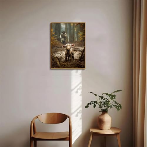 Jesus Running After Lost Lamb Framed Canvas Wall Art 16x24 inch - color: Run after, size: 16"x24" Natural