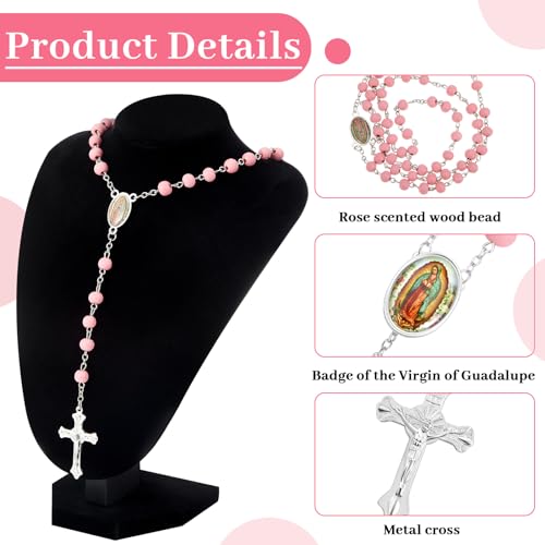 Taiyin 36 Pcs Wooden Bead Rosary Necklace with Crucifix and Our Lady of Guadalupe Scented First Communion Rosary with 36 Organza Bags Baptism Favors Catholic Gift for Men Women - color: Pink