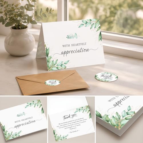 28 Pack Funeral Thank You Cards with Envelopes & Stickers, 6x8 Inches Foldable, Sympathy Bereavement Notes with Message Inside, Suitable for Memorial Services (Style 3)