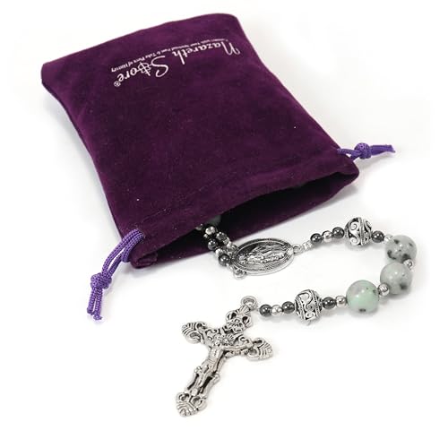 Nazareth Store Genuine Rosary Stone Beads Necklace Metal Beaded Glory Beads Miraculous Medal & Silver Cross Crucifix For Men and Womens - color: Dalmation Jasper