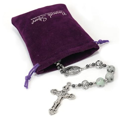 Nazareth Store Genuine Rosary Stone Beads Necklace Metal Beaded Glory Beads Miraculous Medal & Silver Cross Crucifix For Men and Womens - color: Dalmation Jasper
