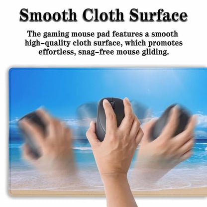 Desktop Mouse Pad Blue Full Desk Mat Large Mouse Pads Desktop Mats Large Mouse Mat Non-Slip Rubber Base Waterproof with Stitched Edges 35.4" X 15.7" for Game Office, Sea Water and Beach - color: Blue Sea Water And Beach