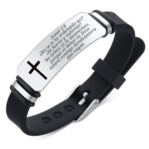 Perspnalized Spanish Scripture Gifts for Men Women,Adjust Silicone Spanish Bible Verse Bracelet Engraved Inspirational ID Bracelets Christian Cross Wristband Xmas Church Employee Favors - style: Josué 1:9