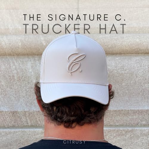 CITRUSY Athletic Trucker Golf Hat | Performance Mens 5 Panel Cap | Cool Breathable Waterproof Workout Running Snapback - color: Signature C. | Sandstone