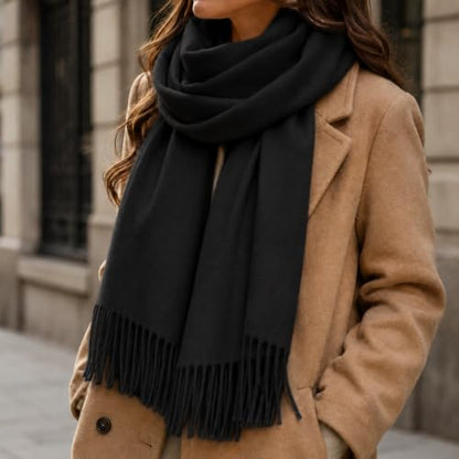 Fall Winter Plaid Scarf for Women Soft Tassel Scarves Oversized Shawl Wraps - color: Black