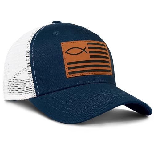 Christian Jesus Fish Flag Hat, Faith Trucker Hats for Men Women, Religious Gifts for Thanksgiving Christmas - color: Fish/Navy Blue