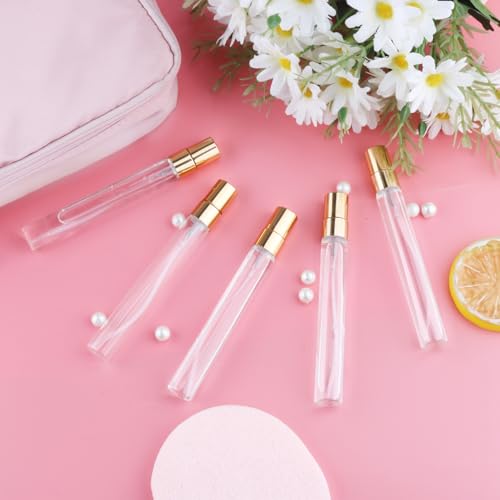 30 Pcs 10ml/0.34oz Mini Spray Bottle Glass Fine Mist Perfume Atomizer Empty Sample Containers with Golden Lids for Travel Cleaning Essential Oils - size: 10 ml
