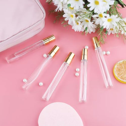 30 Pcs 10ml/0.34oz Mini Spray Bottle Glass Fine Mist Perfume Atomizer Empty Sample Containers with Golden Lids for Travel Cleaning Essential Oils - size: 10 ml