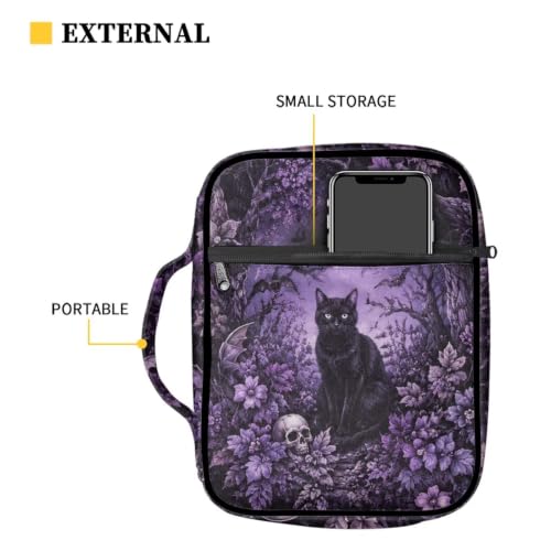 Suobstales Cat Skull Bat Leaves Pattern Bible Cover Carrying Book Case for Women Men Halloween Lightweight Bible Bag Bible Protective with Handle and Zippered Pocket - color: Cat Skull Bat Leaves