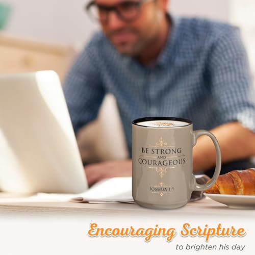 Christian Art Gifts Large Ceramic Coffee Scripture Mug for Men & Women - color: Tan & Black/Strong & Courageous