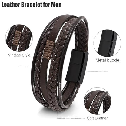 Leather Bracelet for Men Braided Stainless Steel Mens Bracelets - color: Brown-BlackBuckle
