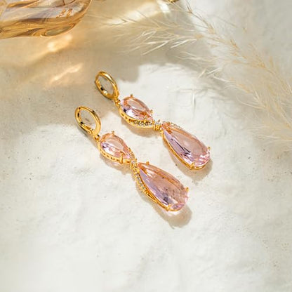 18K Gold Plated, Dangle Earrings for Women, Flower/Heart Drop earrings, Hypoallergenic Cubic Zirconia Earrings, Lightweight, Party, gold earrings, Jewelry for Gifts, Fashion - style: 7507-Pink