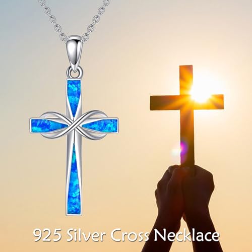 ONEFINITY Cross Necklace 925 Sterling Silver Cross Pendant Religious Jewelry Gifts - style: Blue Opal