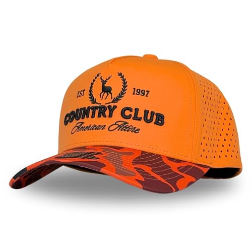 CITRUSY Athletic Trucker Golf Hat | Performance Mens 5 Panel Cap | Cool Breathable Waterproof Workout Running Snapback - color: Country Club | Blaze Orange