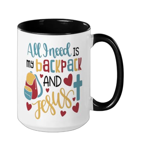 All I Need Is My Backpack and Jesus School Christian Kids Ceramic Mug, Black/White, 15oz - color: Black/White, size: 15 Ounces