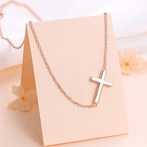 DAOCHONG S925 Sterling Silver Sideways Cross Choker Necklace 14+4 Inch - color: Rose gold-tone
