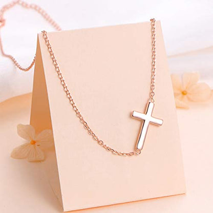 DAOCHONG S925 Sterling Silver Sideways Cross Choker Necklace 14+4 Inch - color: Rose gold-tone