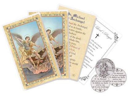 St Michael the Archangel Prayer Card - Laminated Saint Michael Prayer Card with Gold Stamping, Religious Pocket Token, The Lord’s Prayer - Made in Italy Catholic Cards and Tokens Set - 7 Items