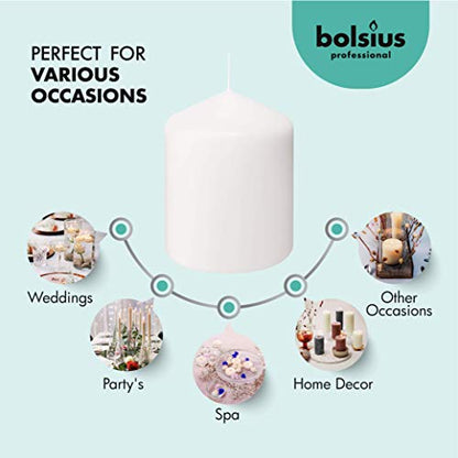 BOLSIUS 6 White Pillar Candles Bulk - 3x4 Inches Candle Set - 40+ Hours Clean Burning - No Palm Oil - 0% Animal Fat - Premium European Quality - Unscented Dripless Restaurant Pillars - size: 3x4 Inches, style: 6 Count