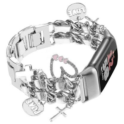 Stylish Metal Wristband Compatible with Fitbit Charge 6/Charge 5 Bands for Women,Cute Strap with Unique Love Cross Pendants Chain Charms Bracelet for Charge 5 6 Fitness Tracker - color: Silver+Silver Leather