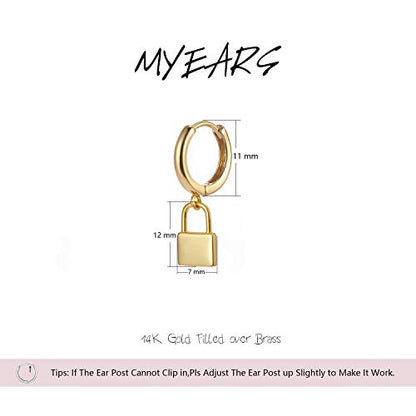 MYEARS Women Earrings Gold Huggie Hoop Dangle Drop 14K Gold Plated Small Simple Hypoallergenic Everyday Jewelry - style: Padlock