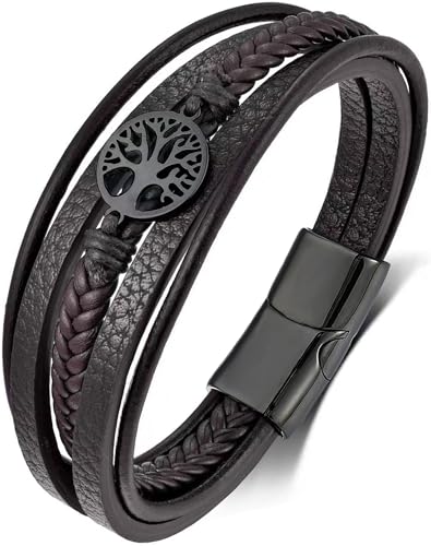 YL Mens Cross Viking Celtic Ankh Odin Compass Life Tree Leather Bracelet, 18K Gold/Black Rhodium Stainless Steel Christian Religious Protection Talisman Brown Cuff Handcrafted Jewelry Gifts - color: Black Rhodium-Life Tree-Brown, size: 8.3"(210mm)