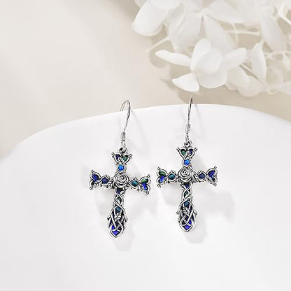 Cross Earrings 925 Sterling Silver Dangle Earring Gifts for Women - style: Rose flower