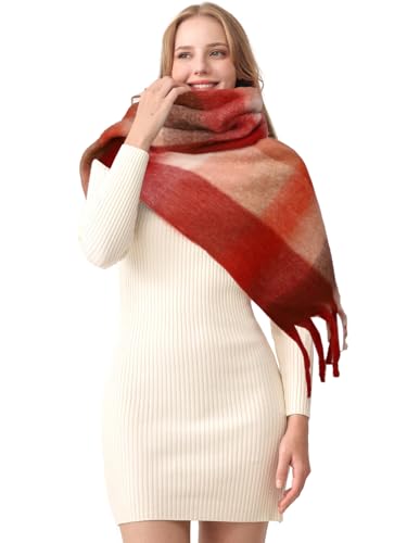 HOTIAN Women's Large Scarf Colorful Chunky Plaid Scarves Soft Winter Thick Tassel Warm Wrap Shawl - color: Reddish Brown