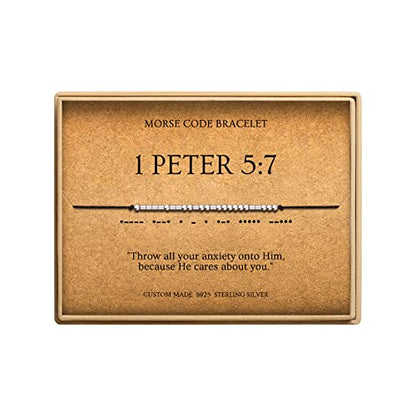 Loved Creations Morse Code Bracelets for Women, Christian Bible Verse Bracelets, Scripture S925 Sterling Silver Inspirational Faith Jewelry, Religious Gifts for Women - color: 1 PETER 5:7
