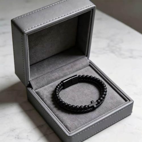 Kim Carrey Italian Handmade Leather Bracelets for Men - color: Black Cross, size: 8.2"