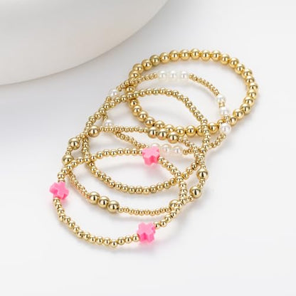 Gold Beaded Pearl Cross Bracelets Stackable Christian Stretch Jewelry Set - color: Hot Pink