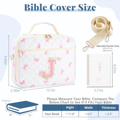 Personalized Initial Bible Cover Case for Women Bible Bag w/Study Supplies - color: Pink Bow, size: J