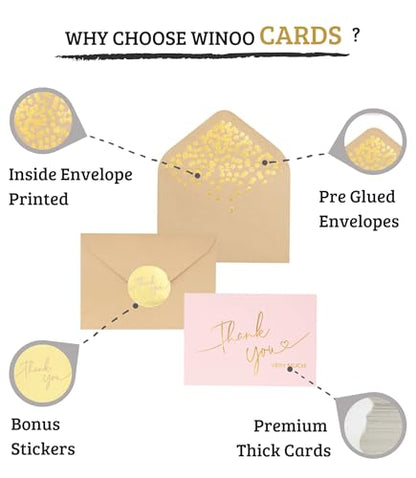 Winoo Design 100 PK Pink and Gold Thank You Cards with Envelopes Bulk - 5 x 3.5 Inches Personalized Thank You Notes for Baby Shower Wedding Small Business Graduation Funeral Birthday - color: PINK
