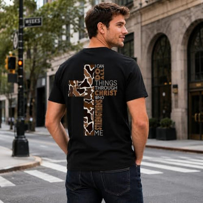 Christian Shirts for Men I Can Do All Things Through Christ Cross T-Shirt - color: Black, size: Small