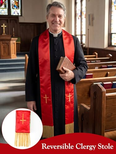 Eurzom 2 Pcs Reversible Clergy Stole with Cross Tassels - color: Red,green